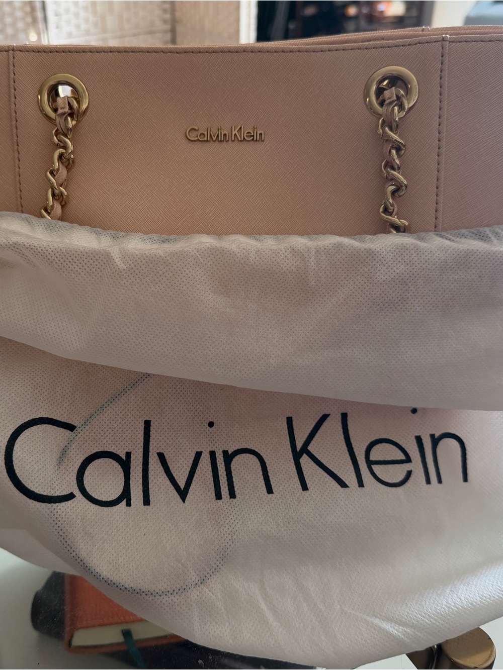 Calvin Klein Blush Pink Chain Strap Saffiano Leather Small Tote